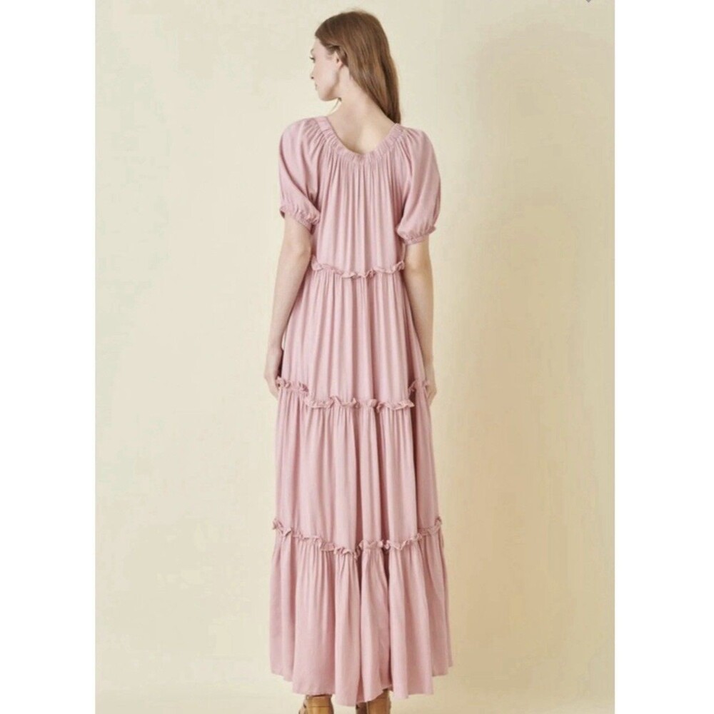 Fore Womens Pink Tiered Maxi Dress Size Medium Cottagecore Prairie Boho Peasant - Picture 2 of 10